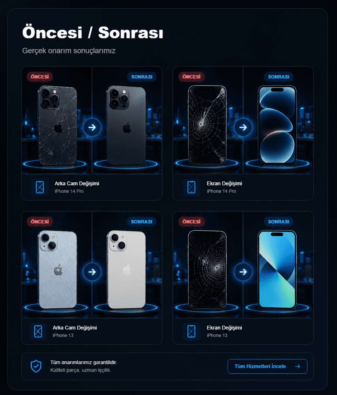 AKTECH öncesi sonrası iPhone onarım görseli
